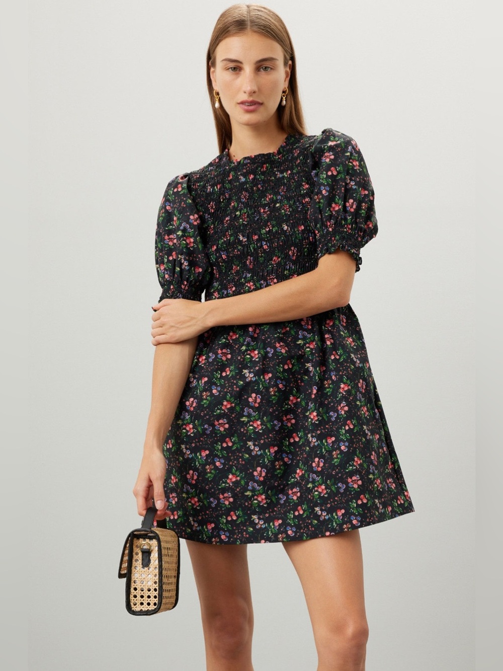 Hill House Black Floral Smocked Puff-Sleeve Mini Dress